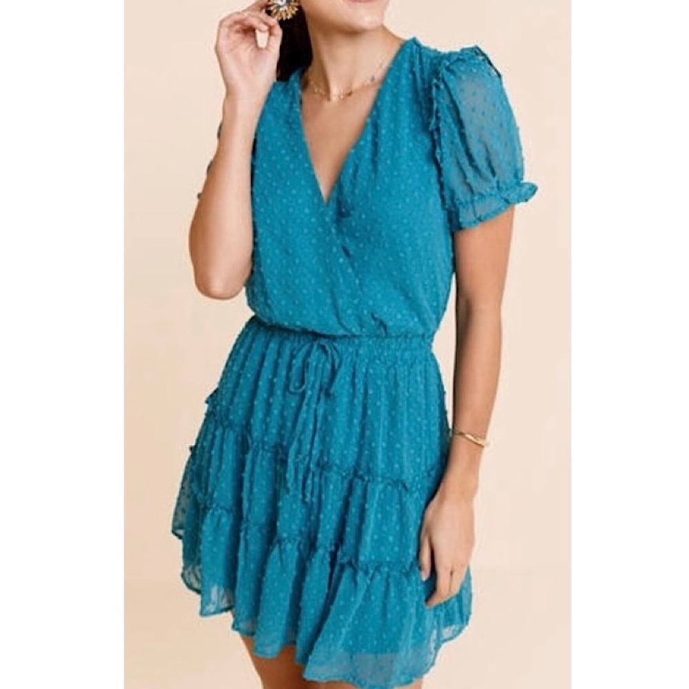 Pretty Teal Francesca’s Dotted Ruffle Dress